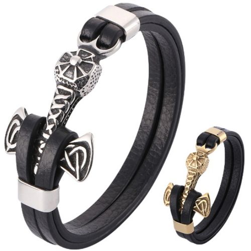 ***COI Titanium Black Gold Tone/Silver Anchor Genuine Leather Bracelet With Steel Clasp(Length: 8.27 inches)-00891A