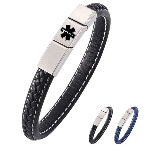 ***COI Titanium Medical Alert Genuine Leather Bracelet With Steel Clasp(Length: 8.27 inches)-00896A