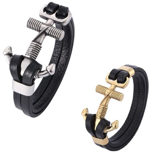 ***COI Titanium Black Gold Tone/Silver Anchor Genuine Leather Bracelet With Steel Clasp(Length: 8.66 inches)-00900A