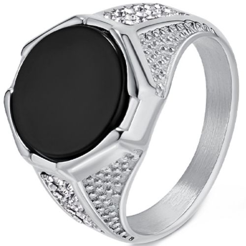 ***COI Titanium Gold Tone/Silver Black Onyx Cubic Zirconia Ring-00906AA