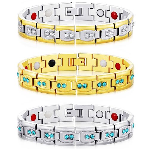 ***COI Titanium Gold Tone/Silver Blue Topaz/Cubic Zirconia Bracelet With Steel Clasp(Length: 8.66 inches)-00912AA