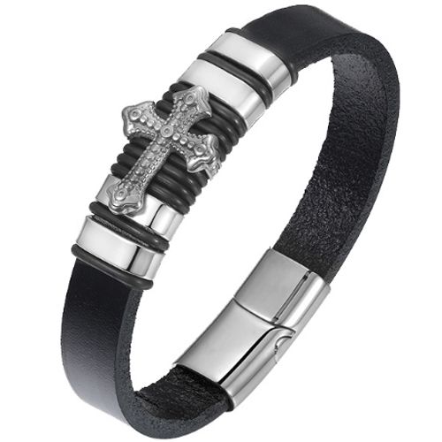 ***COI Titanium Silver/Gold Tone Cross Genuine Leather Bracelet With Steel Clasp(Length: 8.27 inches)-00915AA