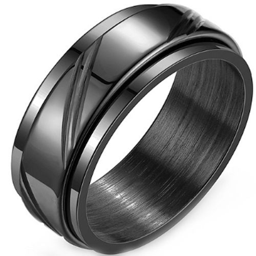 ***COI Titanium Black/Gold Tone/Silver Diagonal Grooves Step Edges Ring-00919A