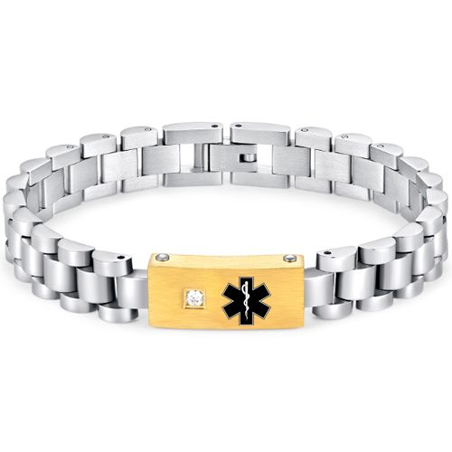 ***COI Titanium Black/Gold Tone/Silver Medical Alert Cubic Zirconia Bracelet With Steel Clasp(Length: 8.27 inches)-00930A