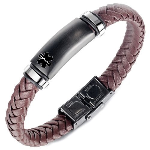 ***COI Titanium Black Silver Medical Alert Genuine Leather Bracelet With Steel Clasp(Length: 8.27 inches)-00953A