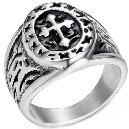***COI Titanium Black Silver Cross & Celtic Ring-00958A
