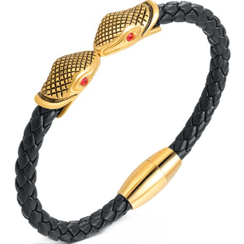 ***COI Titanium Black Gold Tone Snake Head Created Red Ruby Genuine Leather Bracelet With Steel Clasp(Length: 8.27 inches)-00964A