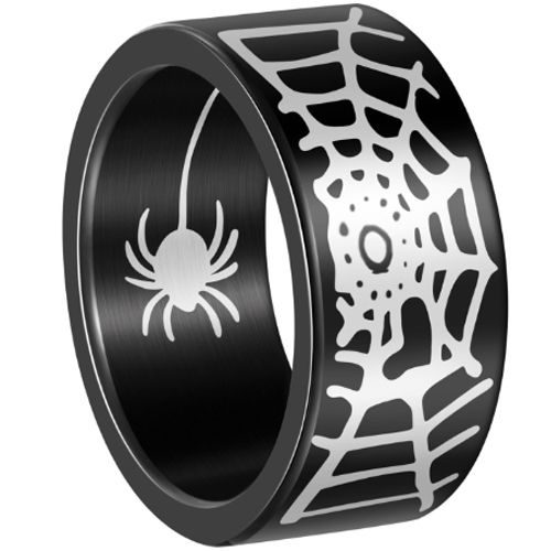 ***COI Titanium Black/Silver Spider & Web Pipe Cut Flat Ring-00967A