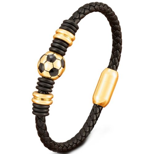 ***COI Titanium Black/Gold Tone/Silver Soccer Genuine Leather Bracelet With Steel Clasp(Length: 8.27 inches)-00973A