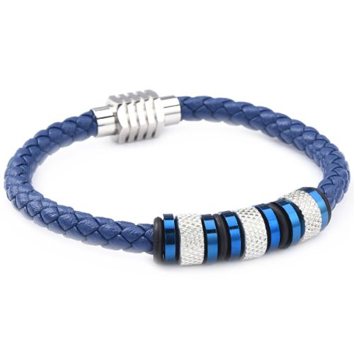 ***COI Titanium Blue Silver Genuine Leather Bracelet With Steel Clasp(Length: 8.27 inches)-00975A