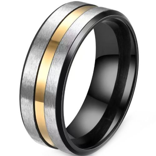 ***COI Tungsten Carbide Black Gold Tone Silver Center Groove Beveled Edges Ring-00979A
