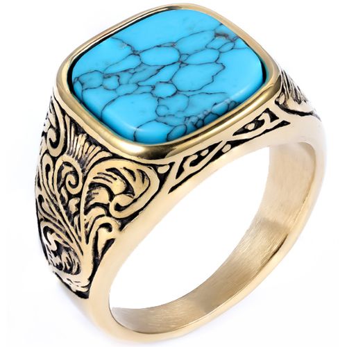 ***COI Titanium Black Gold Tone Celtic Ring With Turquoise-00985A