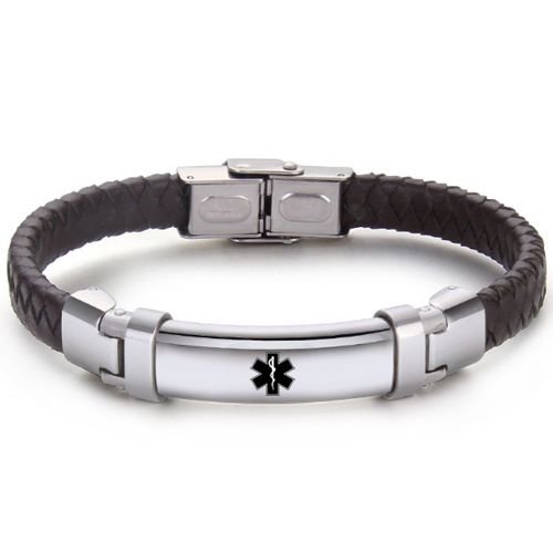 ***COI Titanium Medical Alert Genuine Leather Bracelet With Steel Clasp(Length: 8.46 inches)-00989A