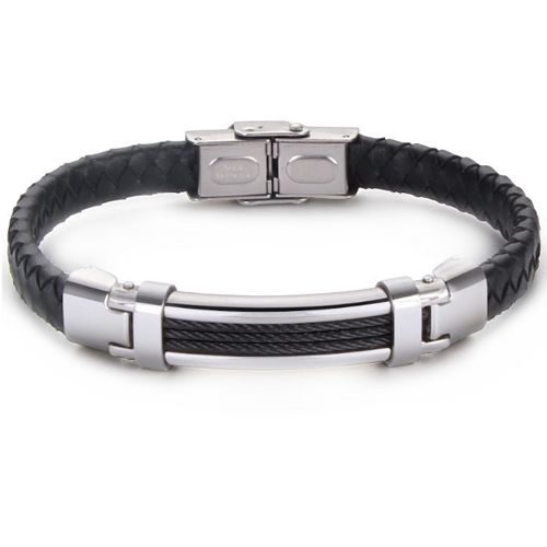 ***COI Titanium Black/Gold Tone/Silver Wire Genuine Leather Bracelet With Steel Clasp(Length: 8.46 inches)-00990A