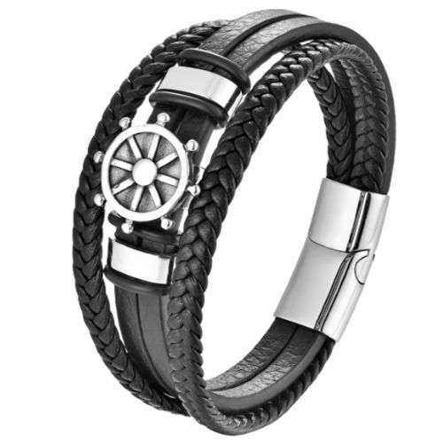 ***COI Titanium Ship's Steering Wheel Genuine Leather Bracelet With Steel Clasp(Length: 8.27 inches)-01004A