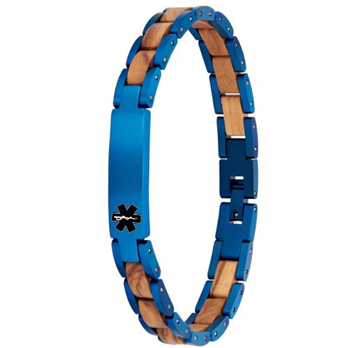 ***COI Titanium Blue/Rose/Black Medical Alert Koa Wood Bracelet With Steel Clasp(Length: 8.66 inches)-01016A