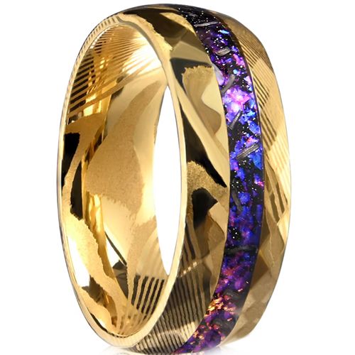 ***COI Gold Tone Tungsten Carbide Damascus Ring With Crushed Opal-01020A