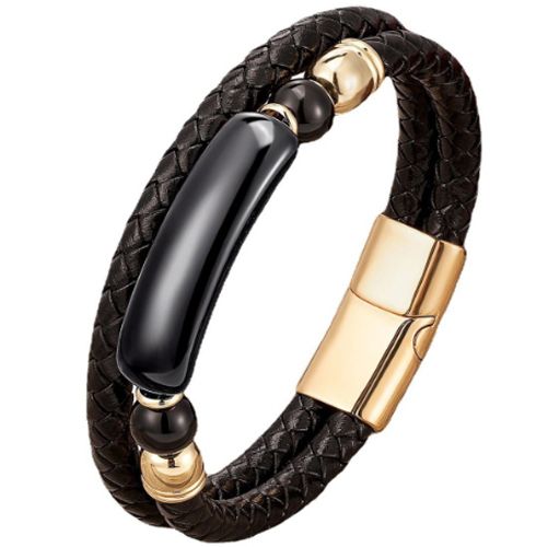 ***COI Gold Tone Titanium Black Onyx Genuine Leather Bracelet With Steel Clasp(Length: 8.27 inches)-01030A