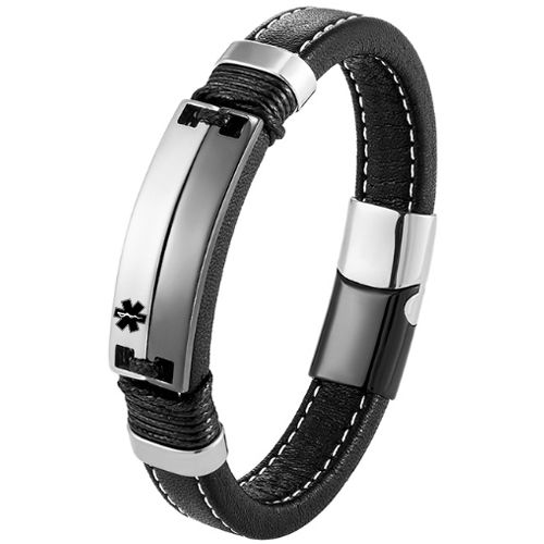 ***COI Titanium Black Silver Medical Alert Genuine Leather Bracelet With Steel Clasp(Length: 9.06 inches)-01032A