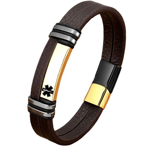 ***COI Titanium Black Gold Tone Silver Medical Alert Genuine Leather Bracelet With Steel Clasp(Length: 8.27 inches)-01033A