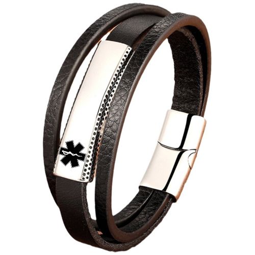 ***COI Titanium Gold Tone/Silver Medical Alert Genuine Leather Bracelet With Steel Clasp(Length: 8.46 inches)-01035A