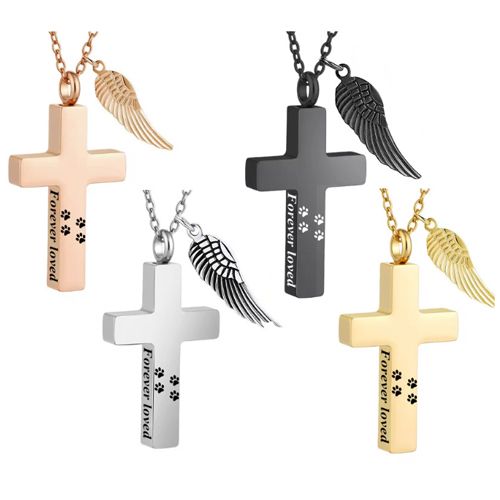 ***COI Titanium Black/Gold Tone/Rose/Silver Cremation Cross Pendant For Ashes of Pets and People-01053A