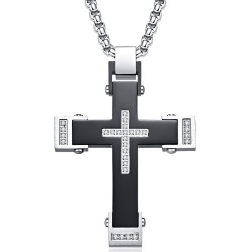 ***COI Titanium Black Silver Cross Pendant With Cubic Zirconia-01056A