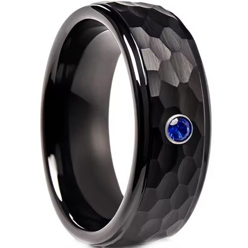 ***COI Black Tungsten Carbide Hammered Step Edges Ring With Created Blue Sapphire-01074A