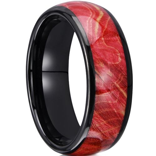 ***COI Black Tungsten Carbide Dome Court Ring With Red Koa Wood-01075A