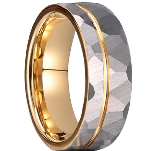 ***COI Tungsten Carbide Gold Tone Silver Offset Groove Faceted Ring-01076A