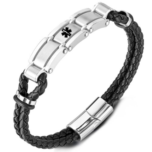 ***COI Titanium Medical Alert Genuine Leather Bracelet With Steel Clasp(Length: 8.27 inches)-01078A