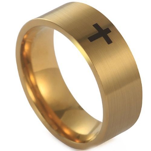 ***COI Titanium Black/Gold Tone/Silver Cross Pipe Cut Flat Ring-01083A