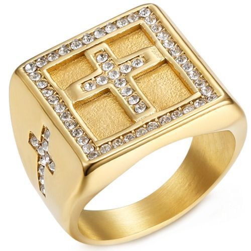 ***COI Gold Tone Titanium Cross Ring With Cubic Zirconia-01084A