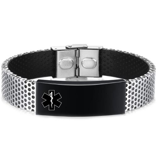 ***COI Titanium Black Silver Medical Alert Genuine Leather Bracelet With Steel Clasp(Length: 8.07 inches)-01096A