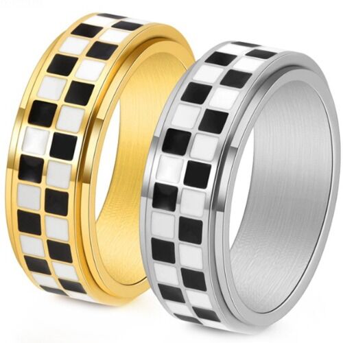 ***COI Titanium Gold Tone/Silver Checkered Flag Step Edges Ring-01151A