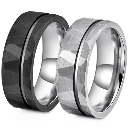 ***COI Titanium Black/Silver/Gold Tone Silver Offset Groove Faceted Ring-01152A