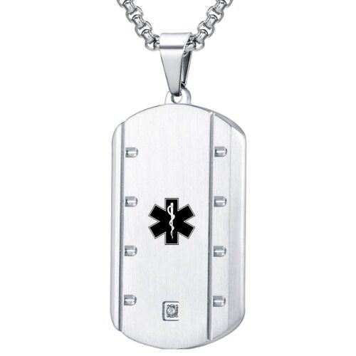 ***COI Titanium Black/Silver Medical Alert Pendant With Cubic Zirconia-01157A