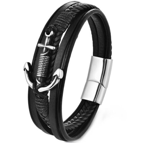 ***COI Titanium Anchor Genuine Leather Bracelet With Steel Clasp(Length: 9.06 inches)-01162A