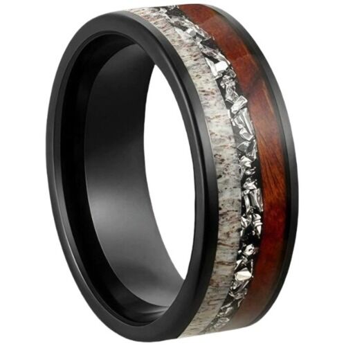 ***COI Black Titanium Deer Antler Meteorite & Wood Ring-01172A