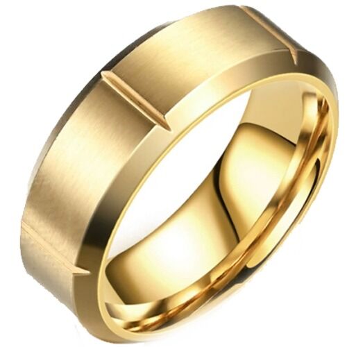 ***COI Titanium Black/Gold Tone/Silver Grooves Beveled Edges Ring-01180A