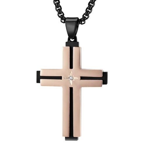 ***COI Titanium Black Rose/Silver Cross Pendant With Cubic Zirconia-01187A