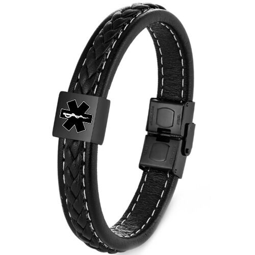 ***COI Black Titanium Medical Alert Genuine Leather Bracelet With Steel Clasp(Length: 9.06 inches)-01197A