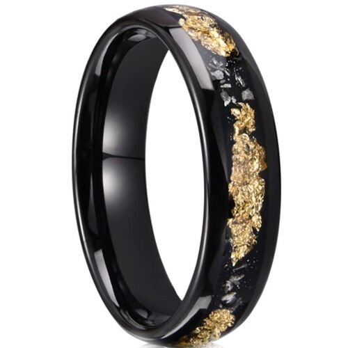 ***COI Black Tungsten Carbide Meteorite & Gold Foil Dome Court Ring-01202A