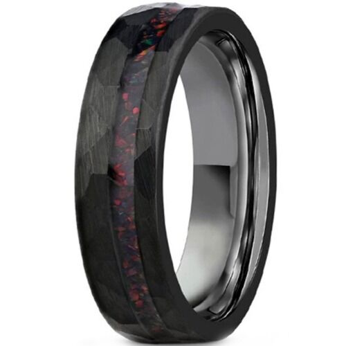 ***COI Black Tungsten Carbide Hammered Ring With Crushed Opal-01203A