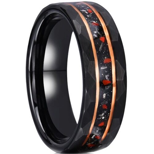 ***COI Tungsten Carbide Black Gold Tone Double Grooves Faceted Ring With Created Red Ruby & Meteorite-01206A