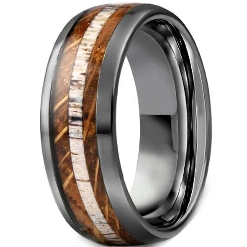 ***COI Black Tungsten Carbide Deer Antler & Koa Wood Dome Court Ring-01207A