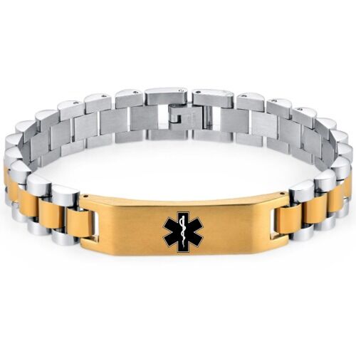 ***COI Titanium Black/Gold Tone/Silver/Gold Tone Silver/Black Silver Medical Alert Bracelet With Steel Clasp(Length: 8.27 inches)-01210A
