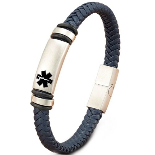 ***COI Titanium Black Silver Medical Alert Genuine Leather Bracelet With Steel Clasp(Length: 9.06 inches)-01224A