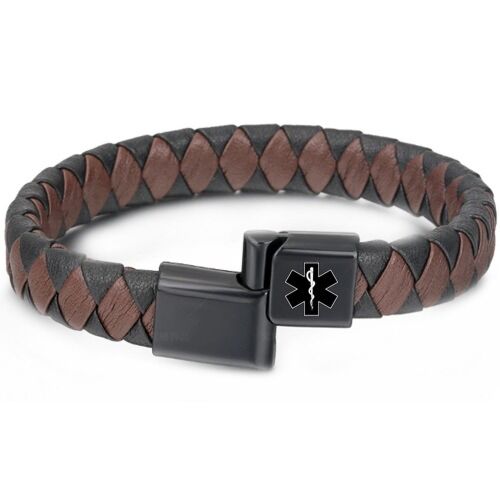 ***COI Black Titanium Medical Alert Genuine Leather Bracelet With Steel Clasp(Length: 8.27 inches)-01225A