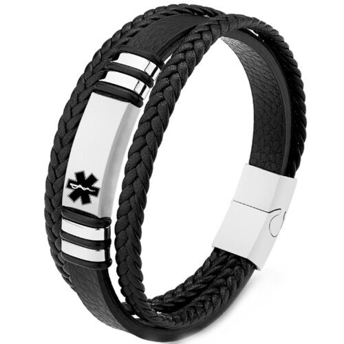 ***COI Titanium Black Silver Medical Alert Genuine Leather Bracelet With Steel Clasp(Length: 9.05 inches)-01226A